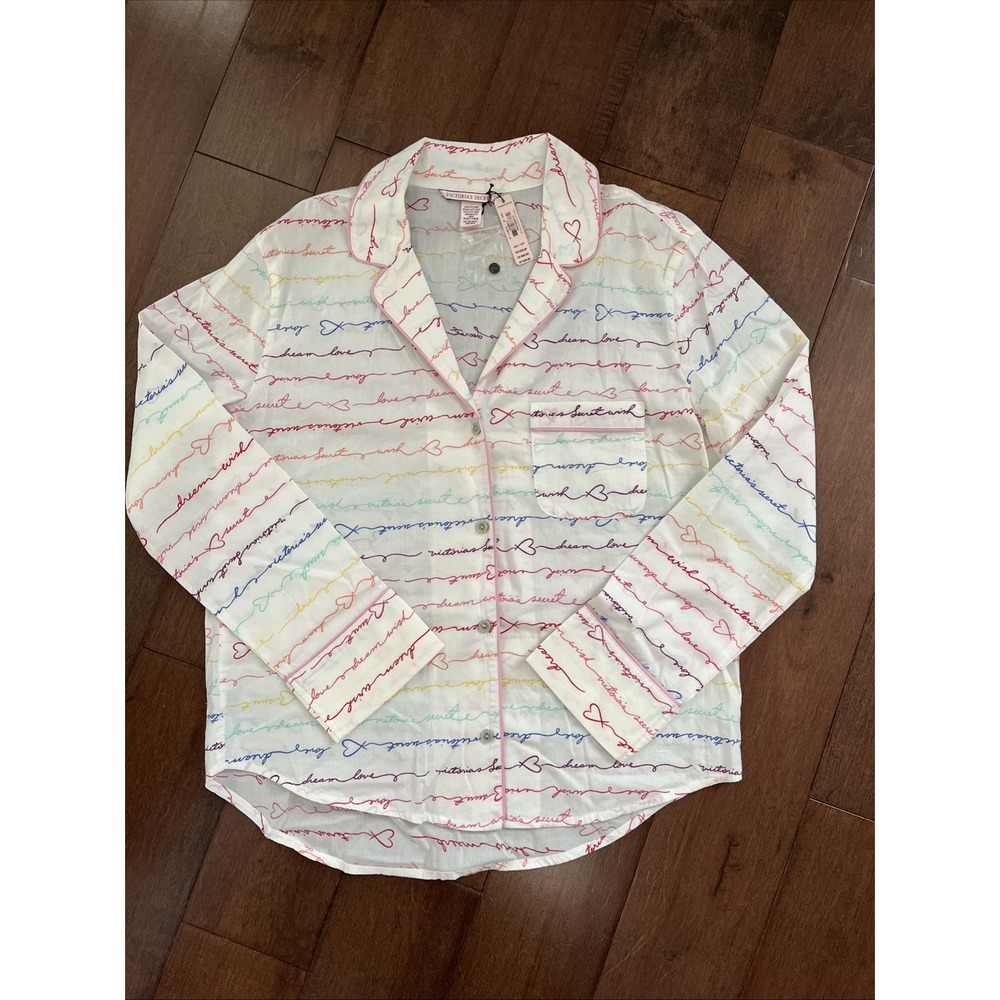 Victoria's Secret Button-Down Sleep Pajama Shirt XS Rainbow Logo Dream Love Wish